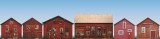 Low relief background buildings. Set of 6 warehouse facades (paper model)